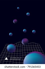 Synthwave sci-fi futuristic design template with glowing purple spheres and laser grid on background.