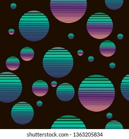 Synthwave seamless pattern with green suns. Ready to use for print and backgrounds. 