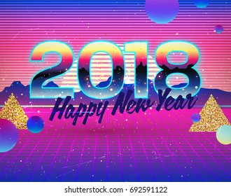 Synthwave style 2018 New Year design | Retro wave landscape