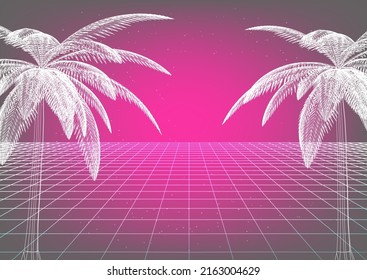 Synthwave style 3D illustration of a cyber landscape with palm trees and laser grid like in old arcade retro games.