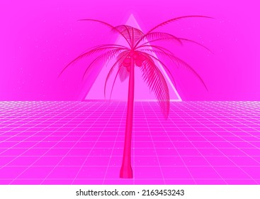 Synthwave style 3D illustration of a cyber landscape with palm tree and laser grid like in old arcade retro games.