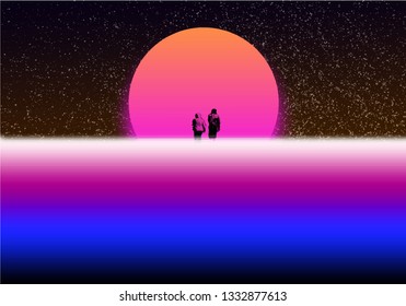 Synthwave style. background in the style of the old wave 90th 2000s.two people on the moon. old style bright and abstract



