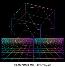 Synthwave style illustration with laser neon grid and cube.