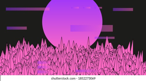 Synthwave style retro landscape with glitched and distorted grid. Retrowave and vaporwave neon aesthetics like il old computer video games of 80's-90's.