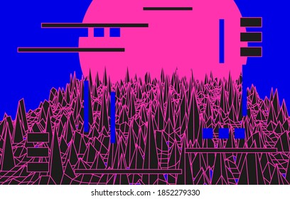 Paisaje retro con estilo de ondas sintéticas con rejilla rayada y distorsionada. Estética del neón retrowave y vaporwave como viejos videojuegos de computadora de los años 80-90.