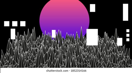 Paisaje retro con estilo de ondas sintéticas con rejilla rayada y distorsionada. Estética del neón retrowave y vaporwave como viejos videojuegos de computadora de los años 80-90.