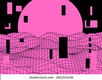 Paisaje retro con estilo de ondas sintéticas con rejilla rayada y distorsionada. Estética del neón retrowave y vaporwave como viejos videojuegos de computadora de los años 80-90.