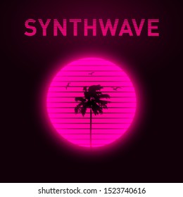 Synthwave style striped pink sun with silhouette of miami palm tree and seagulls. Miami aesthetics. Vaporwave. Eps 10