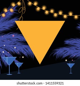 Synthwave summer party card with triangle, garland and palm trees
