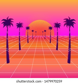 Synthwave sun and palm trees