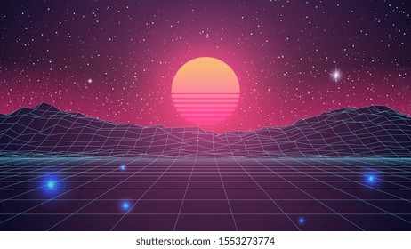 Synthwave Sunset Background. Virtual 3d landscape with Sun. Perspective Grid with starry sky. 80s sci-fi or game style. Banner, poster, cover or Retro party flyer template. Stock vector illustration