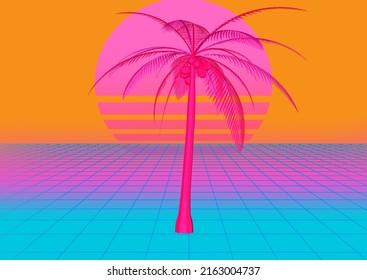 Synthwave Surreal 3D Illustration Of A Landscape With Palm Tree, Laser Grid And Sun.