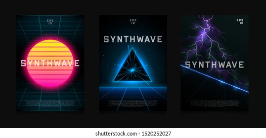 Synthwave templates flyer design. Retrowave sun on starry space background with laser grid. Triangle blue neon portal in space. Slope laser grid with glowing horizon in space with bright lightnings.