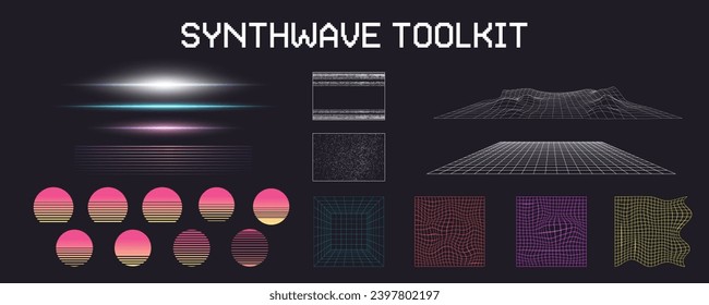 Synthwave Toolkit. 1980s graphic elements for retro graphics. Grids, sunsets, glitches and lasers. Design parts for outrun covers. 3D bits, galaxy background, grid mountains. Essentials for 80's.