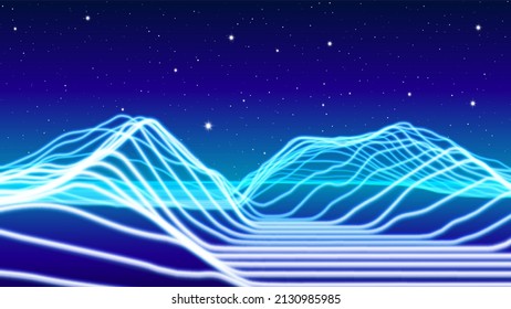 Synthwave or vaporwave abstract landscape with neon light rays terrain in retro space. 80s or 90s styled background with shiny neon mountain lines.