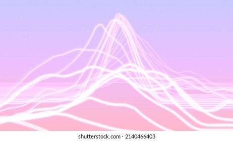 Synthwave or vaporwave abstract landscape with neon light rays terrain in retro space. 80s or 90s styled background with shiny neon mountain lines.