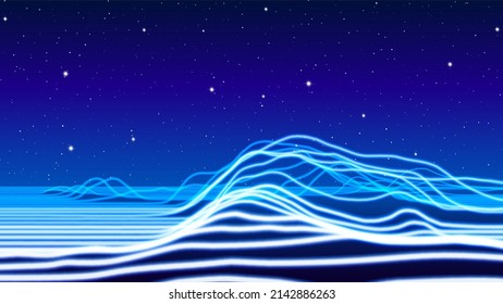 Synthwave or vaporwave abstract landscape with neon light rays terrain in retro space. 80s or 90s styled background with shiny neon mountain lines.