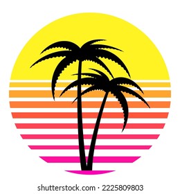 Synthwave, vaporwave, retrowave 80s neon landscape, gradient colored sunset with palm trees silhouettes, isolated on white background. Retro futuristic aesthetic solar circle emblem, logo or icon.
