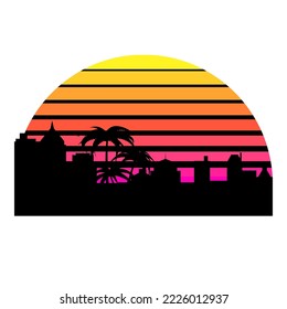 Ola sintética, vaporwave, paisaje de neón retrowave 80, puesta de sol en color gradiente con ciudad urbana, siluetas de rascacielos aisladas en fondo blanco. emblema del círculo solar estético retro futurista, logotipo 