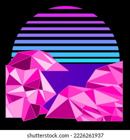 Synthwave, vaporwave, retrowave 80s neon landscape, gradient colored sunset with polygon mountains peaks, sea on black background. Retro futuristic aesthetic solar circle emblem, logo or icon