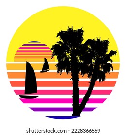 Synthwave, vaporwave, retrowave 80s neon landscape, gradient colored sunset with palm trees, yachts silhouettes, isolated on white background. Retro futuristic aesthetic solar circle emblem, logo 