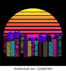 Synthwave, vaporwave, retrowave 80s neon landscape, gradient colored sunset with urban city, skyscrapers silhouettes on black background. Retro futuristic aesthetic solar circle emblem, logo or icon