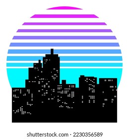 Synthwave, vaporwave, retrowave 80s neon landscape, gradient colored sunset with urban city, skyscrapers silhouettes isolated on white background. Retro futuristic aesthetic solar circle emblem, logo 