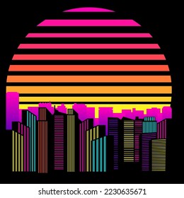 Synthwave, vaporwave, retrowave 80s neon landscape, gradient colored sunset with urban city, skyscrapers silhouettes on black background. Retro futuristic aesthetic solar circle emblem, logo or icon