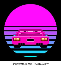 Synthwave, vaporwave, retrowave 80s neon landscape, gradient colored sunset with pc game car on black background. Retro futuristic aesthetic solar circle emblem, logo or icon