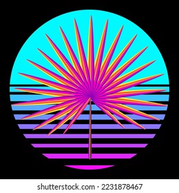 Synthwave, vaporwave, retrowave 80s neon landscape, gradient colored sunset with palm tree leaf on black background. Retro futuristic aesthetic solar circle emblem, logo or icon