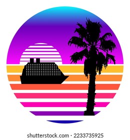 Synthwave, vaporwave, retrowave 80s neon landscape, gradient colored sunset with palm trees, cruise liner silhouettes, isolated on white background. Retro futuristic aesthetic solar circle emblem