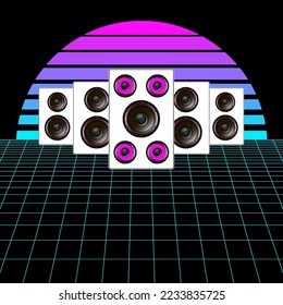Synthwave, vaporwave, retrowave 80s neon landscape, gradient colored sunset with speakers on black background. Retro futuristic aesthetic solar circle emblem, logo or icon