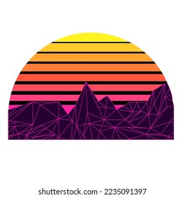 Synthwave, vaporwave, retrowave 80s neon landscape, gradient colored sunset with mountains peaks silhouettes isolated on white background. Retro futuristic aesthetic solar circle emblem, logo or icon