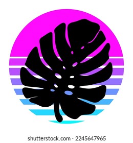 Synthwave, vaporwave, retrowave 80s neon landscape, gradient colored sunset with monstera leaf silhouettes isolated on white background. Retro futuristic aesthetic solar circle emblem, logo or icon