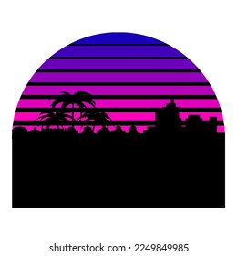 Synthwave, vaporwave, retrowave 80s neon landscape, gradient colored sunset with urban city, skyscrapers silhouettes isolated on white background. Retro futuristic aesthetic solar circle emblem