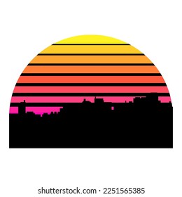 Synthwave, vaporwave, retrowave 80s neon landscape, gradient colored sunset with urban city, skyscrapers silhouettes isolated on white background. Retro futuristic aesthetic solar circle emblem