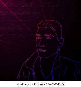 Synthwave/ Vaporwave/ Retrowave contour portrait of man. 
Vector full face contour man on starry space background with laser grid. Design for poster, flyer, invitation club card. Eps 10.