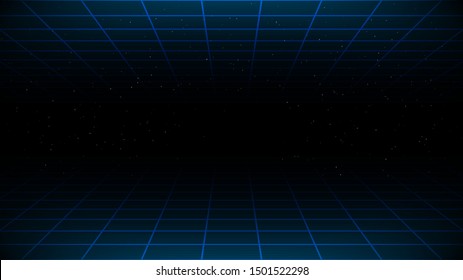 Synthwave  vaporwave  retrowave cyber background with copy space, laser grid above and below and starry sky. Design for poster, cover, wallpaper, web, banner, etc. VHS effect. Vector. Eps 10.