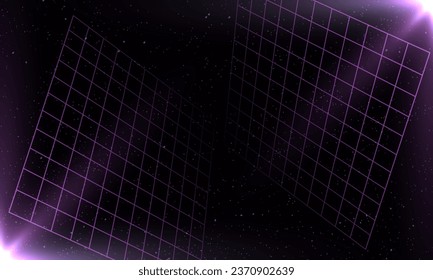 Synthwave vaporwave retrowave cyber background with copy space, laser grid, starry sky, blue and purple glows with smoke and particles. Design for poster, cover, wallpaper, web, banner, etc.	