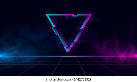 Synthwave vaporwave retrowave cyber landscape with laser grid, sparkling glitch triangle and blue and purple glows with smoke and particles. Design for poster, cover, wallpaper, web, banner.