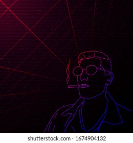 Synthwave/ Vaporwave/ Retrowave full face contour vector portrait of a smoking man with glasses on starry space background with laser grid. Design for poster, flyer, invitation club card. Eps 10.