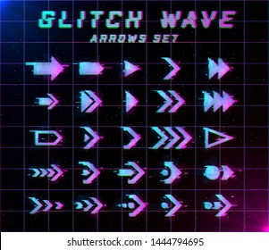 Synthwave/ vaporwave/ retrowave Glitch Arrows, pointers, direction Set. Glitch design elements for poster, flyer, cover, web, banner. Tech, science, retro and hacker theme. Eps 10