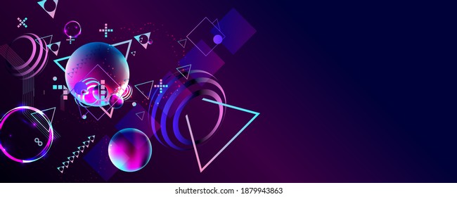 Synthwave vaporwave retrowave glitch circle with blue and pink futuristic cyberpunk style neon abstraction background galaxy and planets blue circles