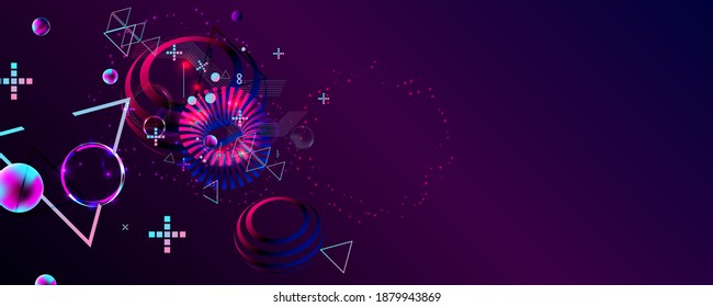 Synthwave vaporwave retrowave glitch circle with blue and pink futuristic cyberpunk style neon abstraction background galaxy and planets blue circles