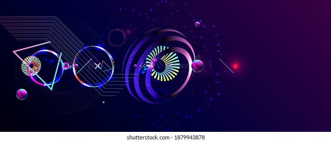 Synthwave vaporwave retrowave glitch circle with blue and pink futuristic cyberpunk style neon abstraction background galaxy and planets blue circles