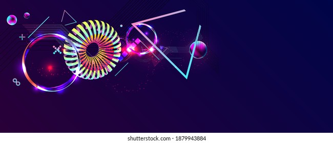 Synthwave vaporwave retrowave glitch circle with blue and pink futuristic cyberpunk style neon abstraction background galaxy and planets blue circles