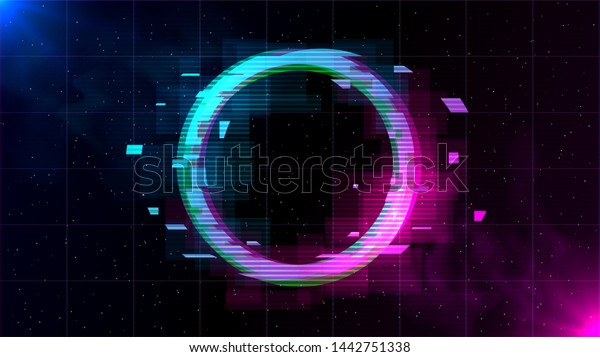 Synthwave Vaporwave Retrowave Glitch Circle Blue Stock Vector