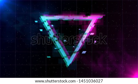 Synthwave Vaporwave Retrowave Glitch inverted Triangle with blue and pink glows with smoke and particles on laser grid space background. Design for poster, cover, wallpaper, web, banner.