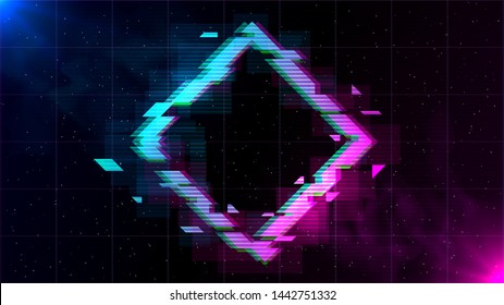 Synthwave Vaporwave Retrowave Glitch Rhombus with blue and pink glows with smoke and particles on laser grid space background. Design for poster, cover, wallpaper, web, banner.