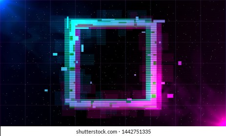 Synthwave Vaporwave Retrowave Glitch Square with blue and pink glows with smoke and particles on laser grid space background. Design for poster, cover, wallpaper, web, banner.